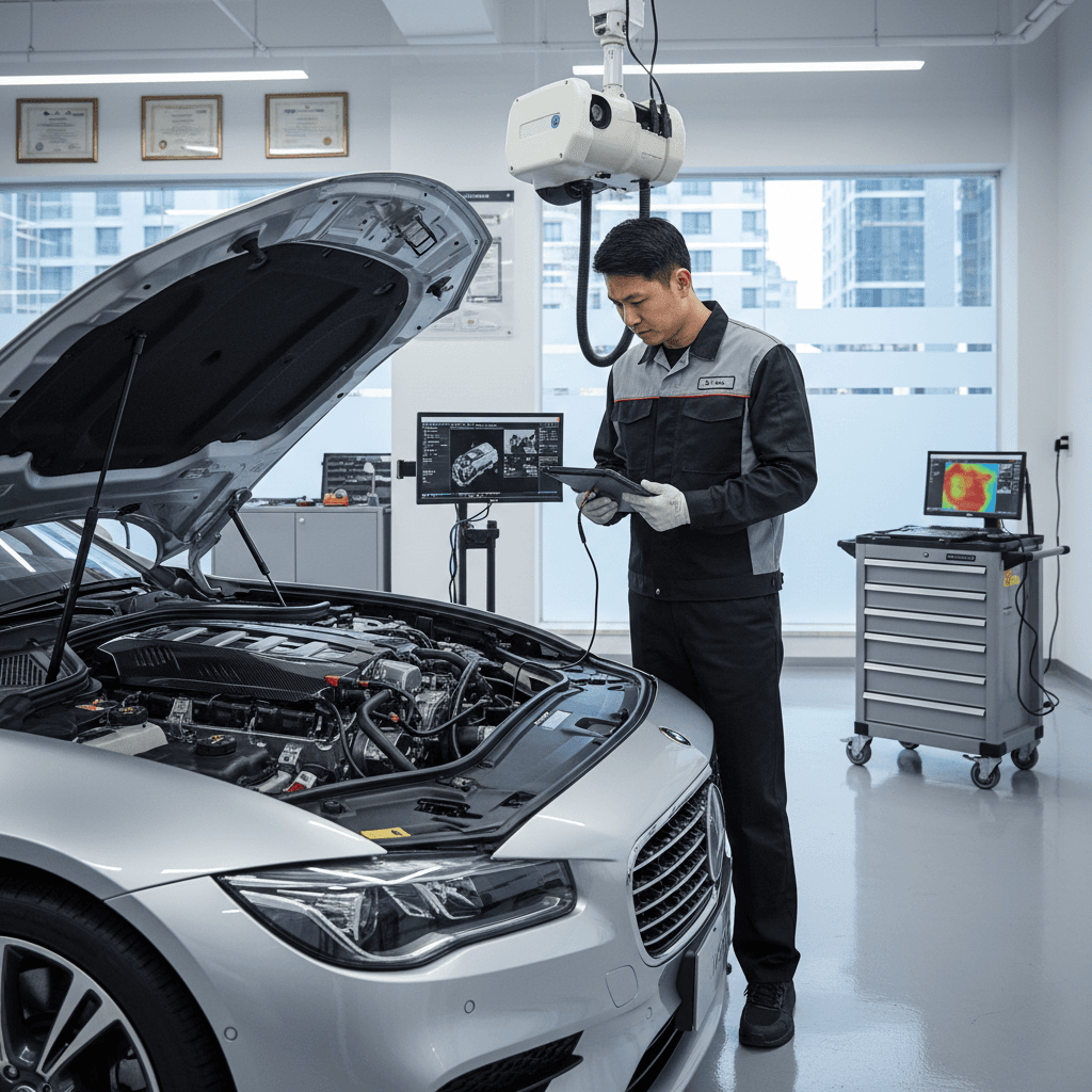 Profesionalus mechanikas tikrina variklį