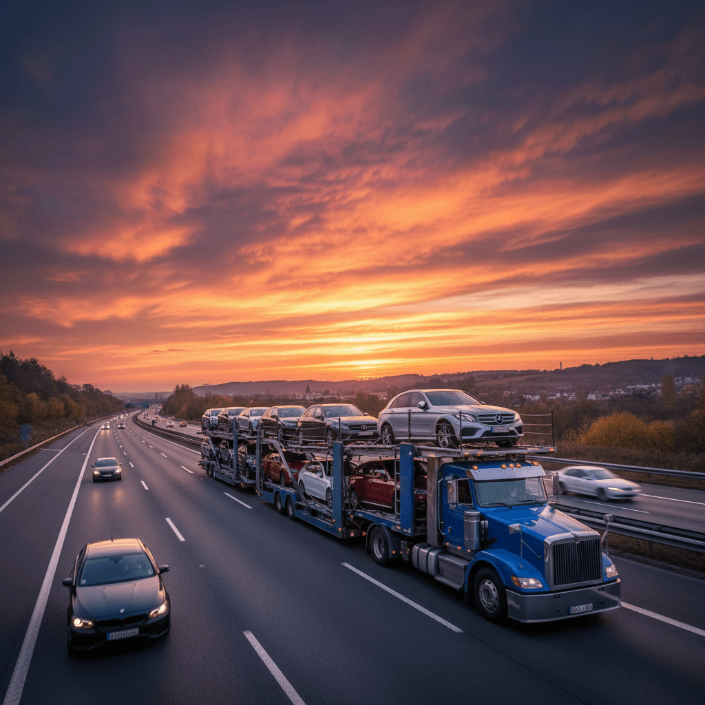 Automobilių transportavimo vilkikas Europos kelyje