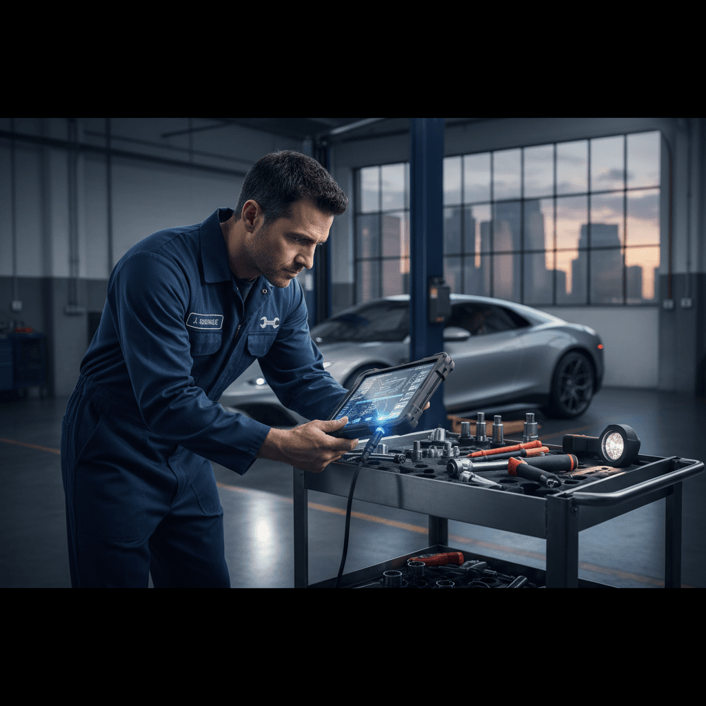 Mechanikas naudoja diagnostikos įrangą